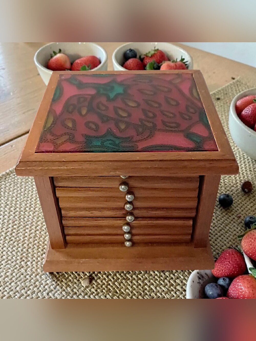 Vintage Strawberry Coaster Set Foiled Art Top Wood Cork Set Of 8 70s Farmhouse